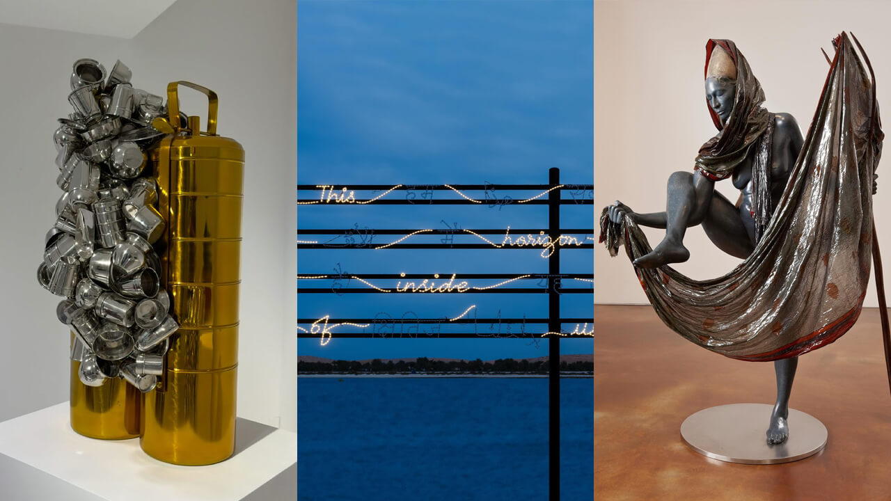 Contemporary Indian artworks by Subodh Gupta, Bharti Kher, and Shilpa Gupta.