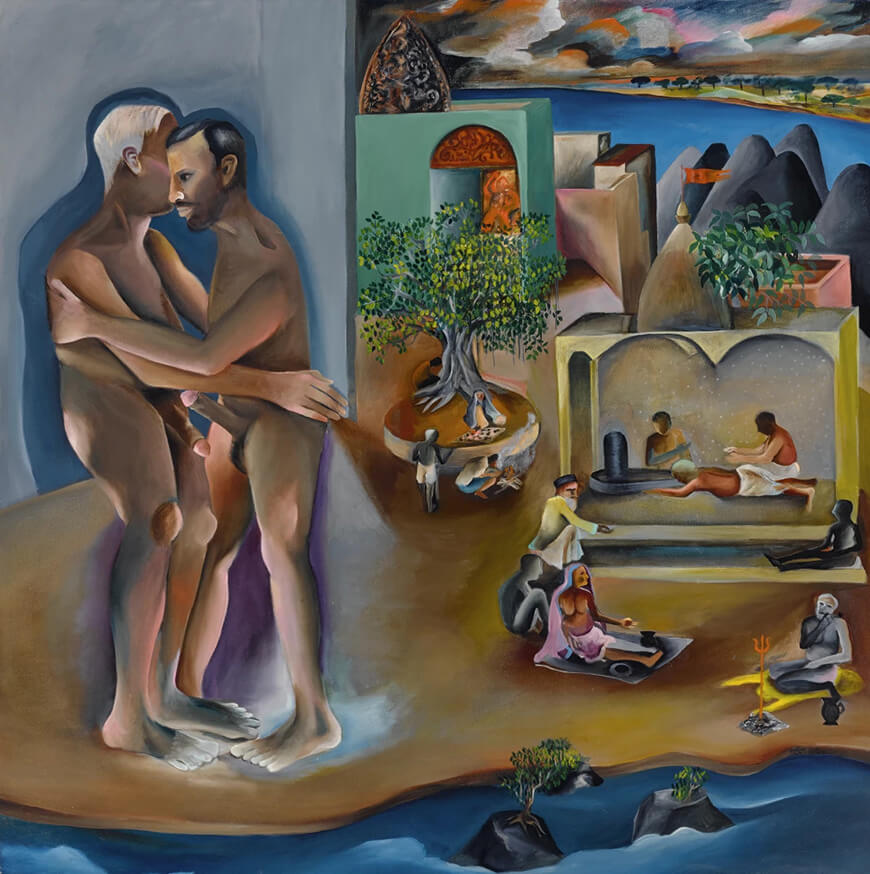 Two Men in Benares, Oil on canvas, 1982