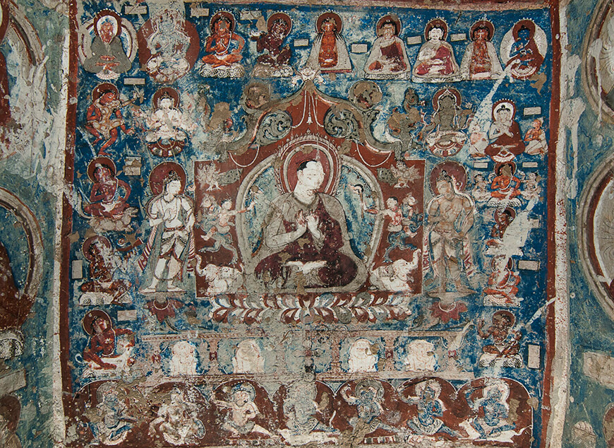 Himalayan Mural: Drigungpa in a central Tibetan thangka composition in the Tashi Gomang Chorten; Alchi Ladakh, India; ca. 1225; mineral pigments on clay (Image Courtesy: C. Luczanits, 2010)