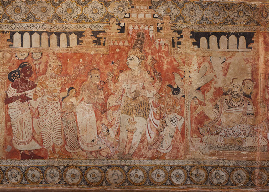 Lepakshi Mural: Vishnu, seen next to five-headed Vishwakarma, with his raised arms is blessing the divine couple (Image Courtesy: matriwords.com)