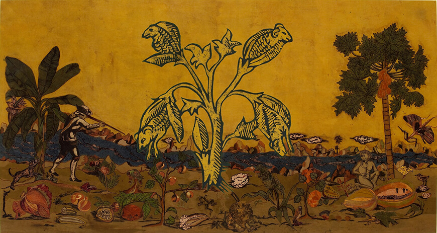 Lavanya Mani, Signs taken for wonders, 2009, Natural dye, applique (batik) & machine embroidery on cotton fabric, 72 x 136 in (Image Courtesy: gallerychemould.com)