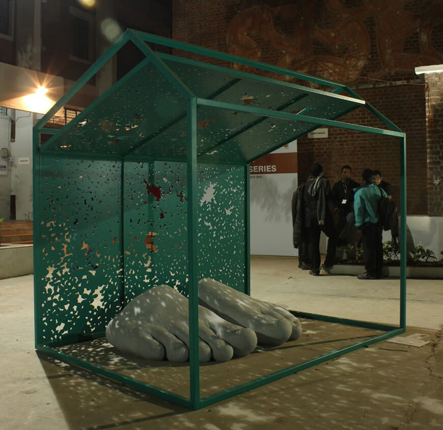 A Space for Worship, Synthetic Stone, Patina on mild steel, Shadow and specific Space - Fine Arts Faculty, 2015 (Image Courtesy: Gamesh Gohain)