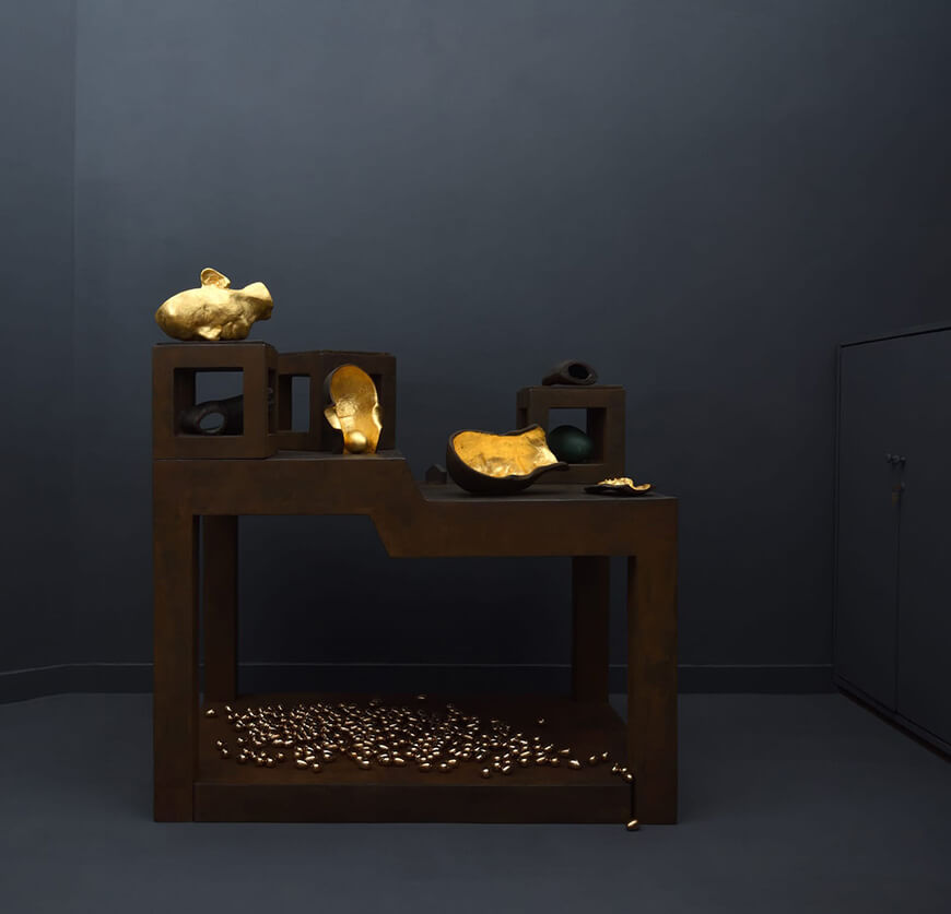 Artists Table, Bronze with different Patinas, Gold foil, Synthetic corten steel and space, 2005 to 2022 (Image Courtesy: Gamesh Gohain)
