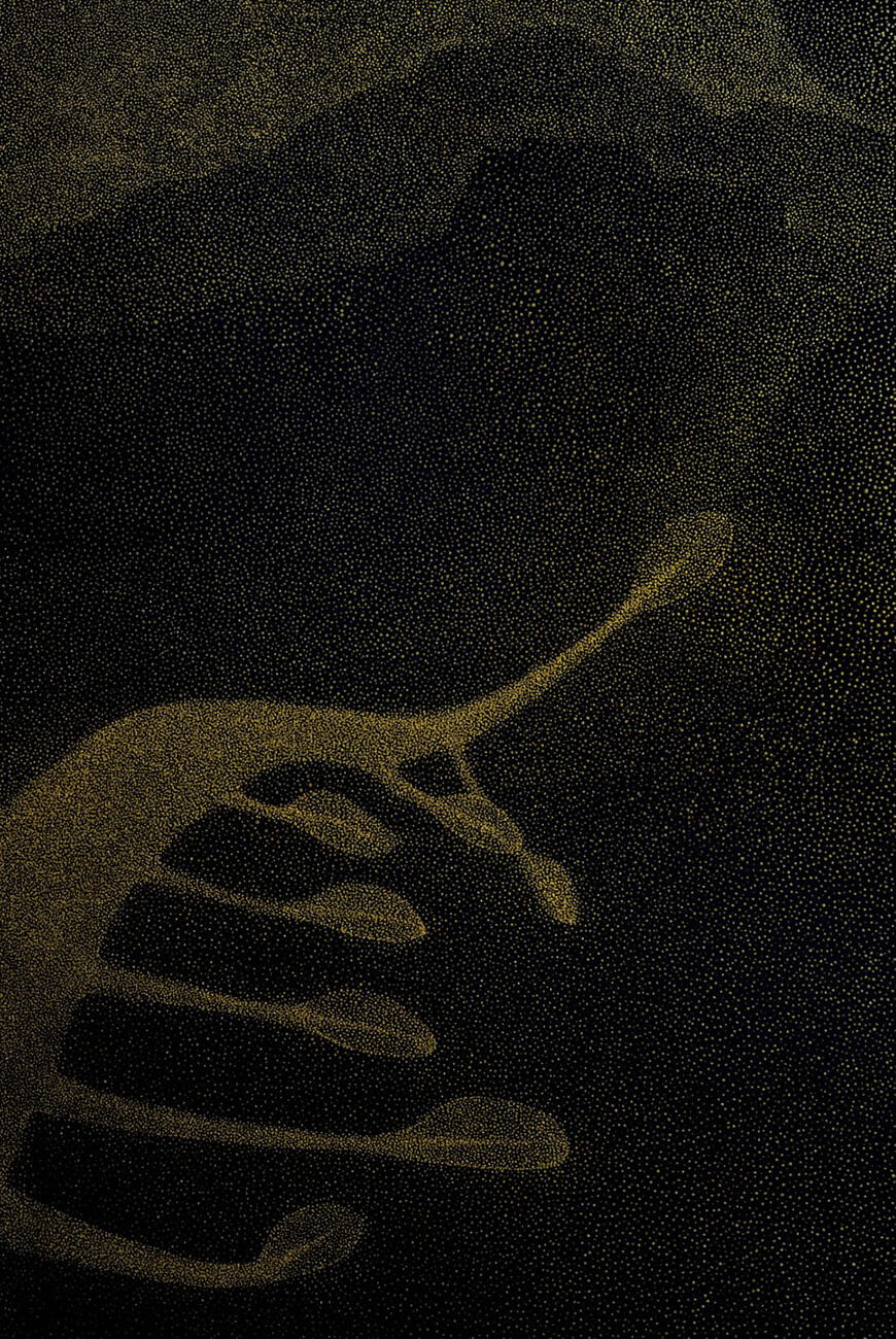 Million years Old Letter - Million Cameras - Story of Million Stars" - II (Detail), Gold acrylic, Black canvas and silver frame, 6.3' x 4.3' x 3", 2024 (Image Courtesy: Ganesh Gohain)