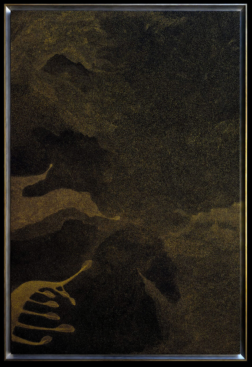 "Million years Old Letter - Million Cameras - Story of Million Stars" - II, Gold acrylic, Black canvas and silver frame, 6.3' x 4.3' x 3", 2024 (Image Courtesy: Gamesh Gohain)