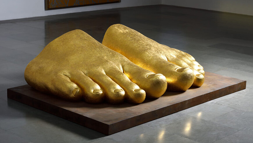 "His Image, The Feet", Synthetic Iron, Gold Foil on Synthetic Stonen and Space, 6' x 4'x 21"x Space, 1994 to 2024 (Image Courtesy: Gamesh Gohain)