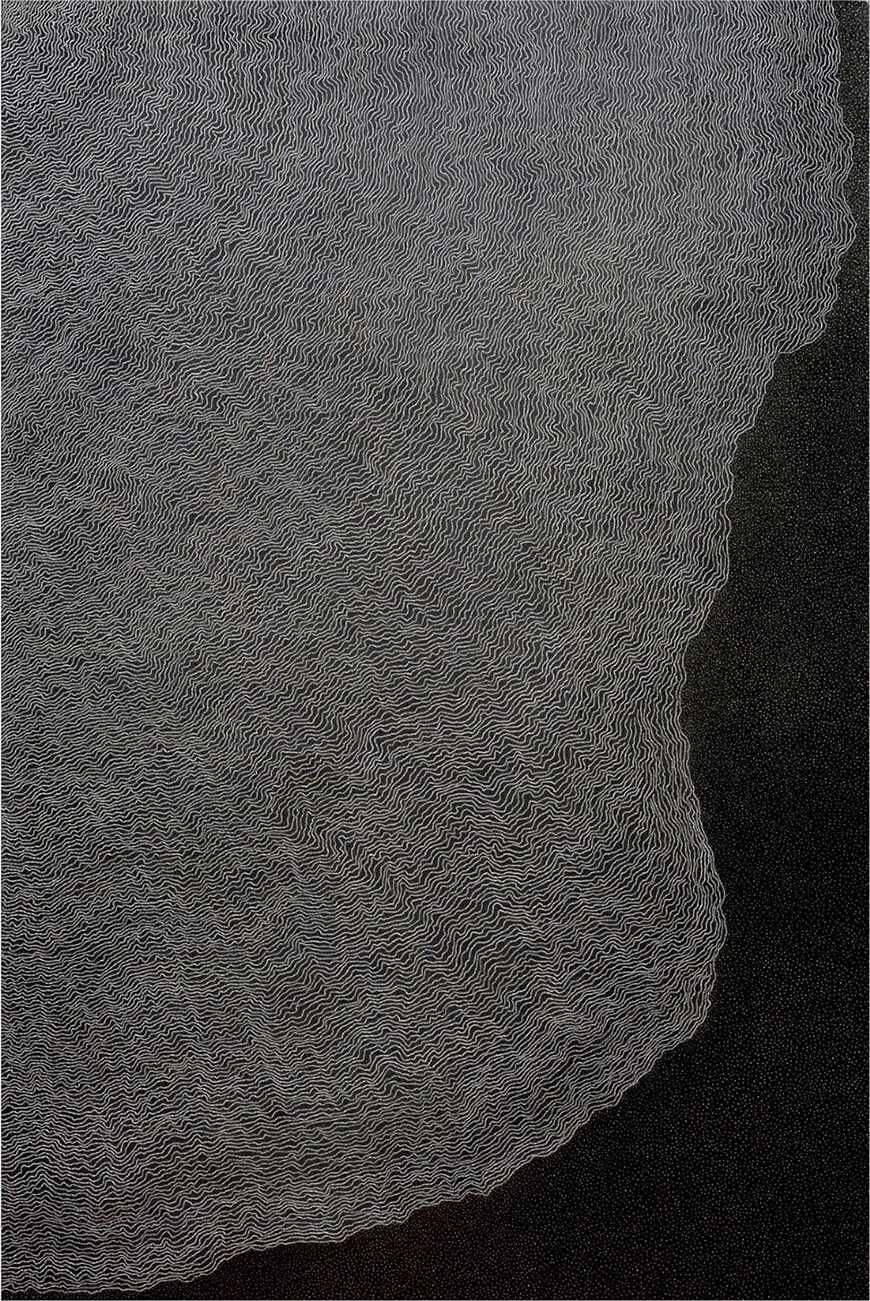 "Letter to Grandma - Narmada Appears" - "Zubeen Appeared - Tribute to Zubeen Garg", Gold acrylic, White pen and ink on black canvas, 6' x 4', 2025 (Image Courtesy: Ganesh Gohain)
