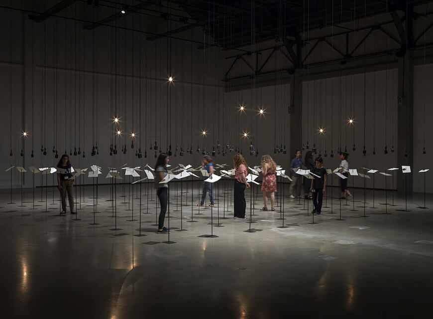 Shilpa Gupta, For, in your tongue, I cannot fit, sound installation with 100 speakers, microphones, printed text and metal stands, 2017-18, Commissioned by YARAT Contemporary Art Space and Edinburgh Art Festival. (Courtesy the artist; photograph: Pat Verbruggen)